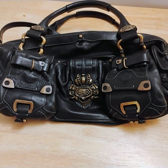 Juicy Couture BLACK LEATHER satchel Logo legacy Bag purse  ICONIC - Picture 9 of 13